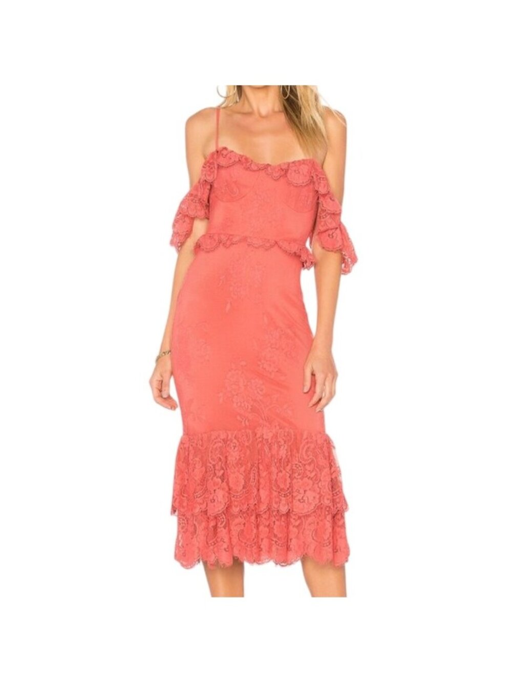 Lovers + Friends Blake Lace Ruffle Rose Pink Midi Dress Size XS